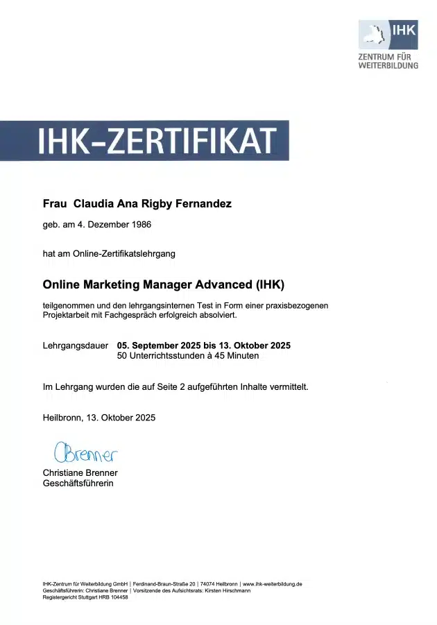 Online Marketing Manager Advanced (IHK) – Claudia Fernandez, SEO & Online-Marketing bei NovaUp